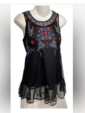 Johnny Was Style Embroidered Black Mesh Sleeveless Top Size L